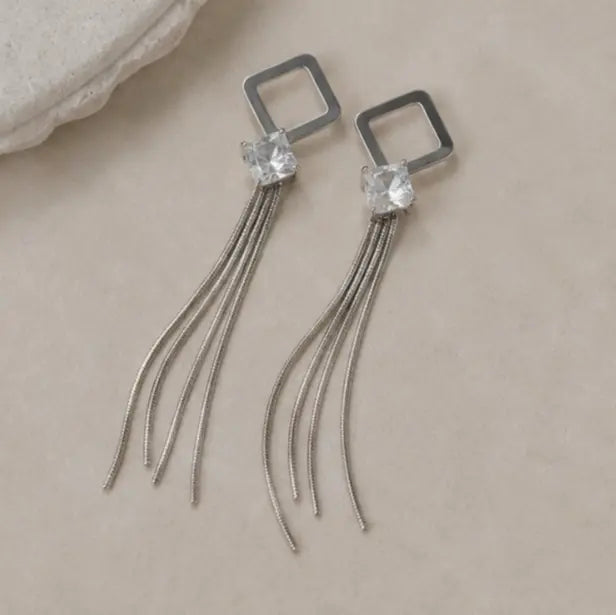 Elegant Silver Geometric Crystal Tassel Earrings