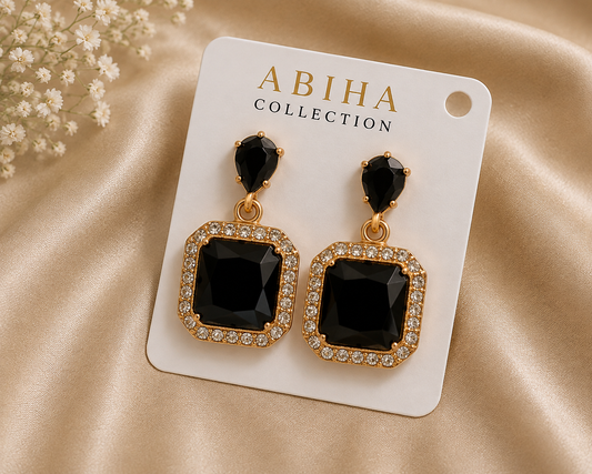Elegant Black Crystal Drop Earrings for Women – Gold-Tone Square Rhinestone Earrings