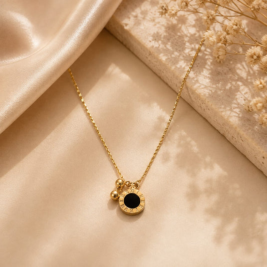 Elegant Gold & Black Roman Numeral Pendant Necklace