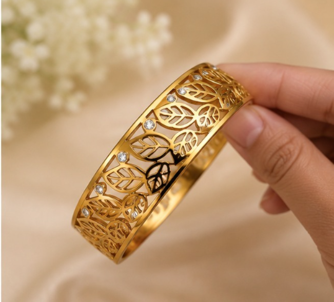 Elegant Golden Leaf Design Statement Bangle for Women