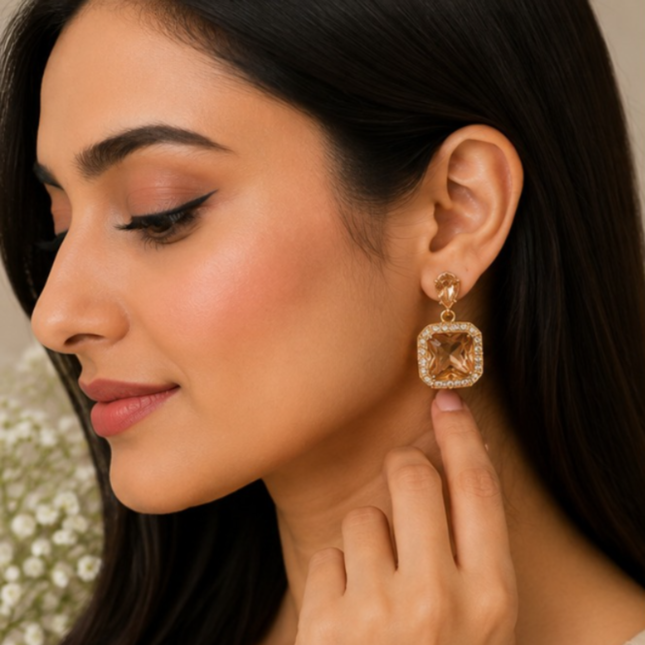 Elegant Black Crystal Drop Earrings for Women – Gold-Tone Square Rhinestone Earrings