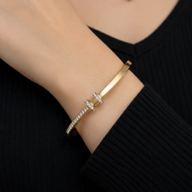 Elegant Gold-Tone Stainless Steel Crystal Bangle