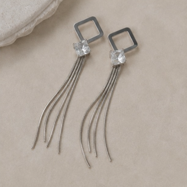 Elegant Silver Geometric Crystal Tassel Earrings