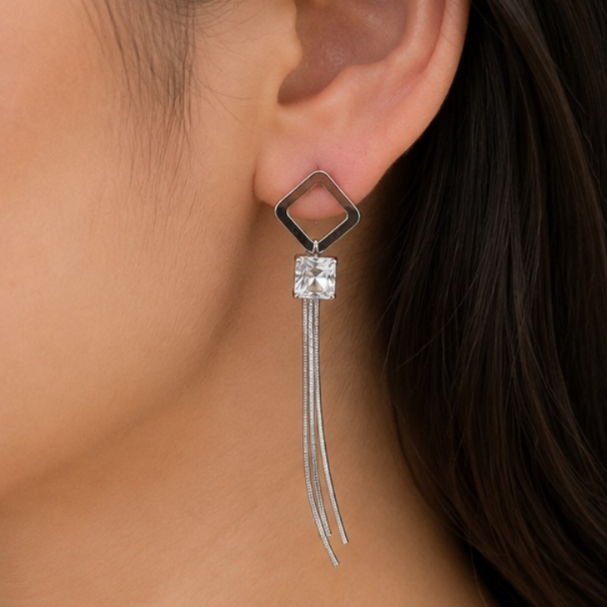 Elegant Silver Geometric Crystal Tassel Earrings