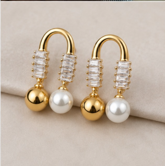 Elegant Gold Pearl & Crystal Drop Earrings