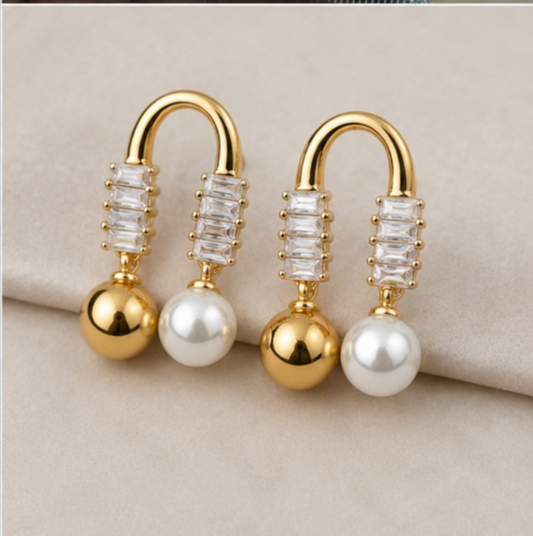Elegant Gold Pearl & Crystal Drop Earrings