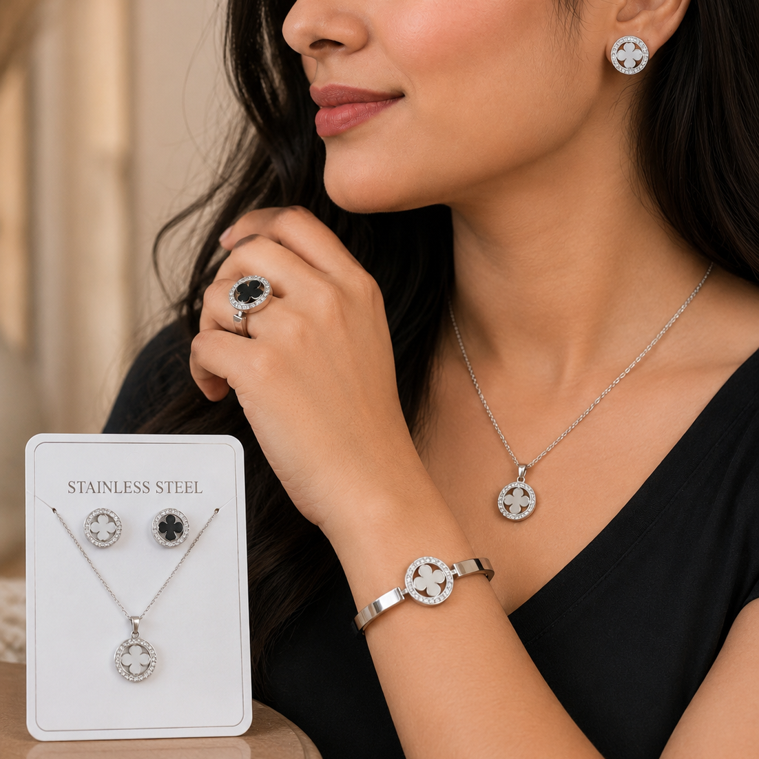 Elegant Clover Stainless Steel Jewelry Set – 4 Piece