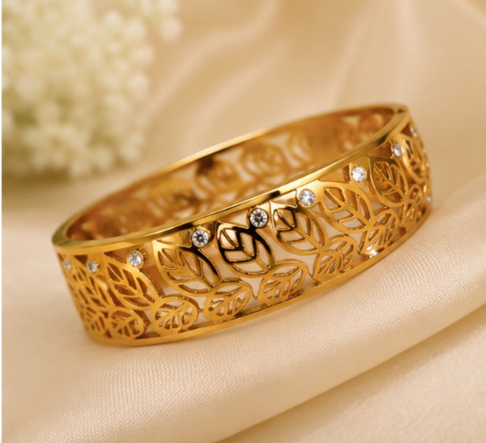 Elegant Golden Leaf Design Statement Bangle for Women