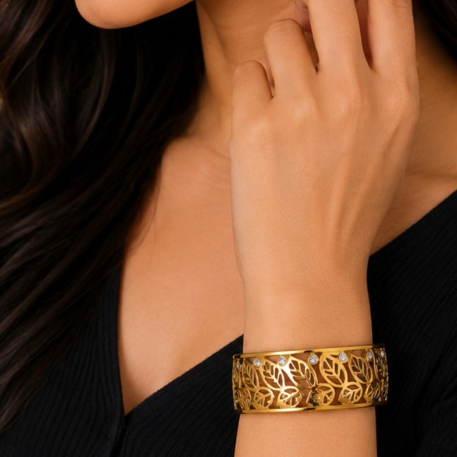 Elegant Golden Leaf Design Statement Bangle for Women