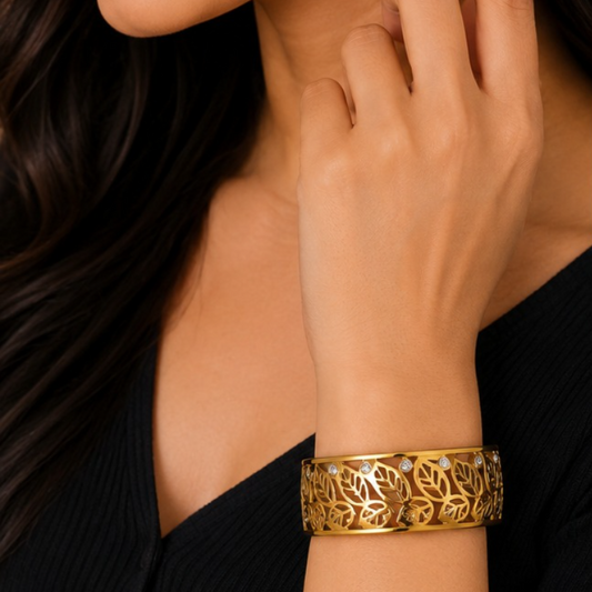 Elegant Golden Leaf Design Statement Bangle for Women