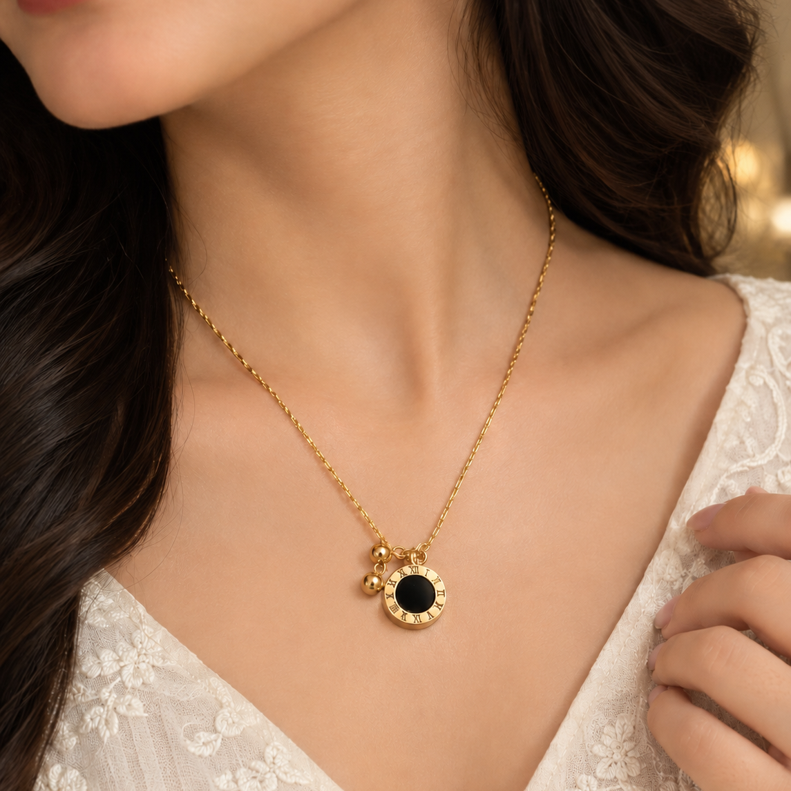 Elegant Gold & Black Roman Numeral Pendant Necklace