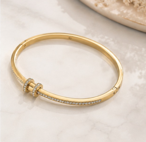 Elegant Gold-Tone Stainless Steel Crystal Bangle