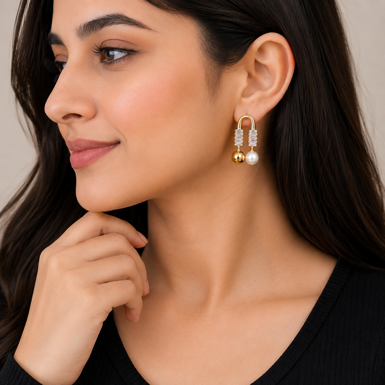 Elegant Gold Pearl & Crystal Drop Earrings