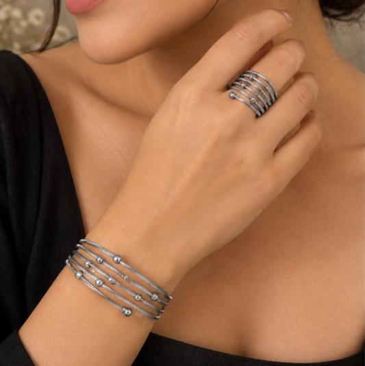 Elegant Multi-Layer Cuff Bracelet with Matching Ring