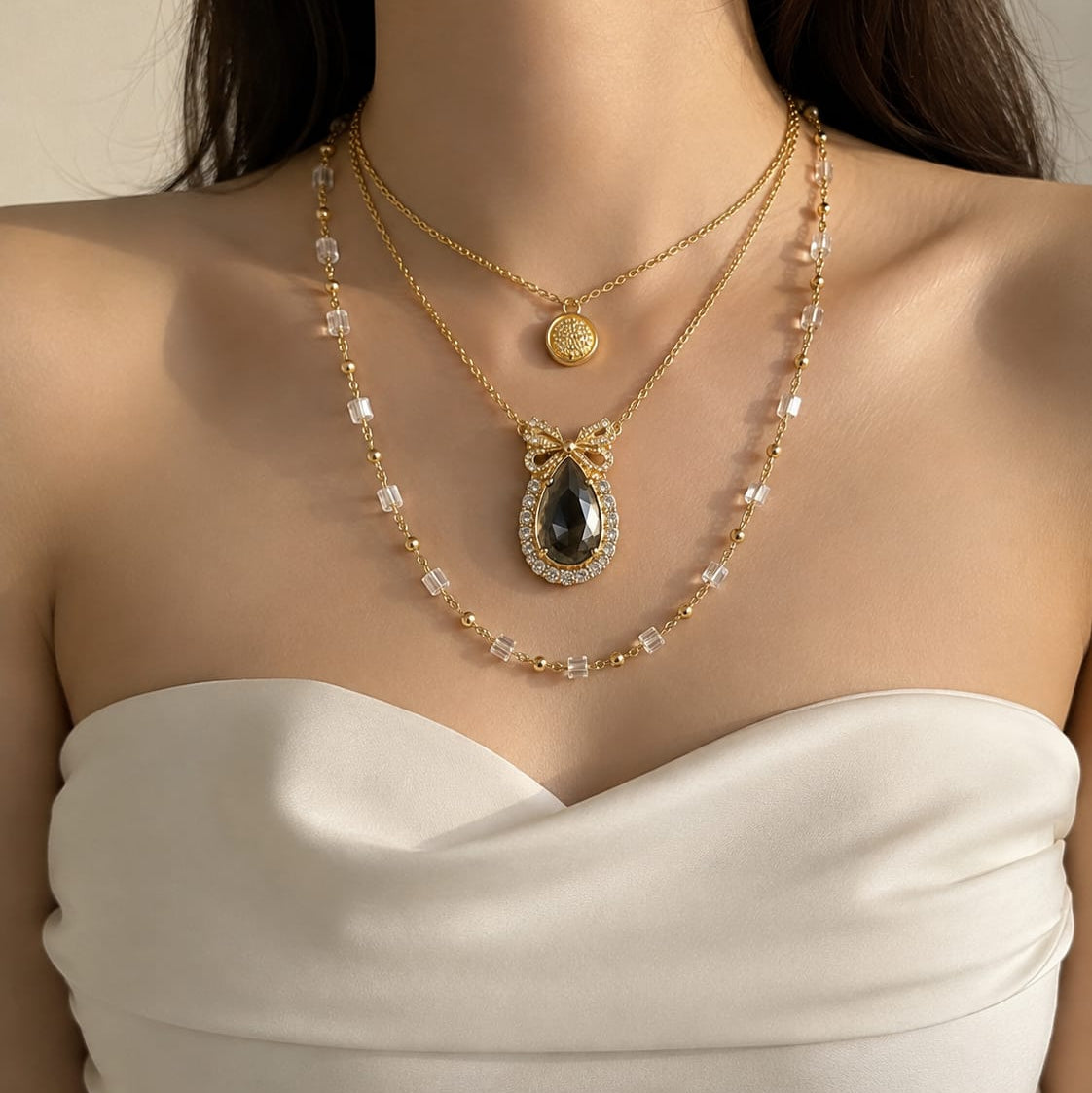 Elegant Teardrop Crystal Layered Necklace